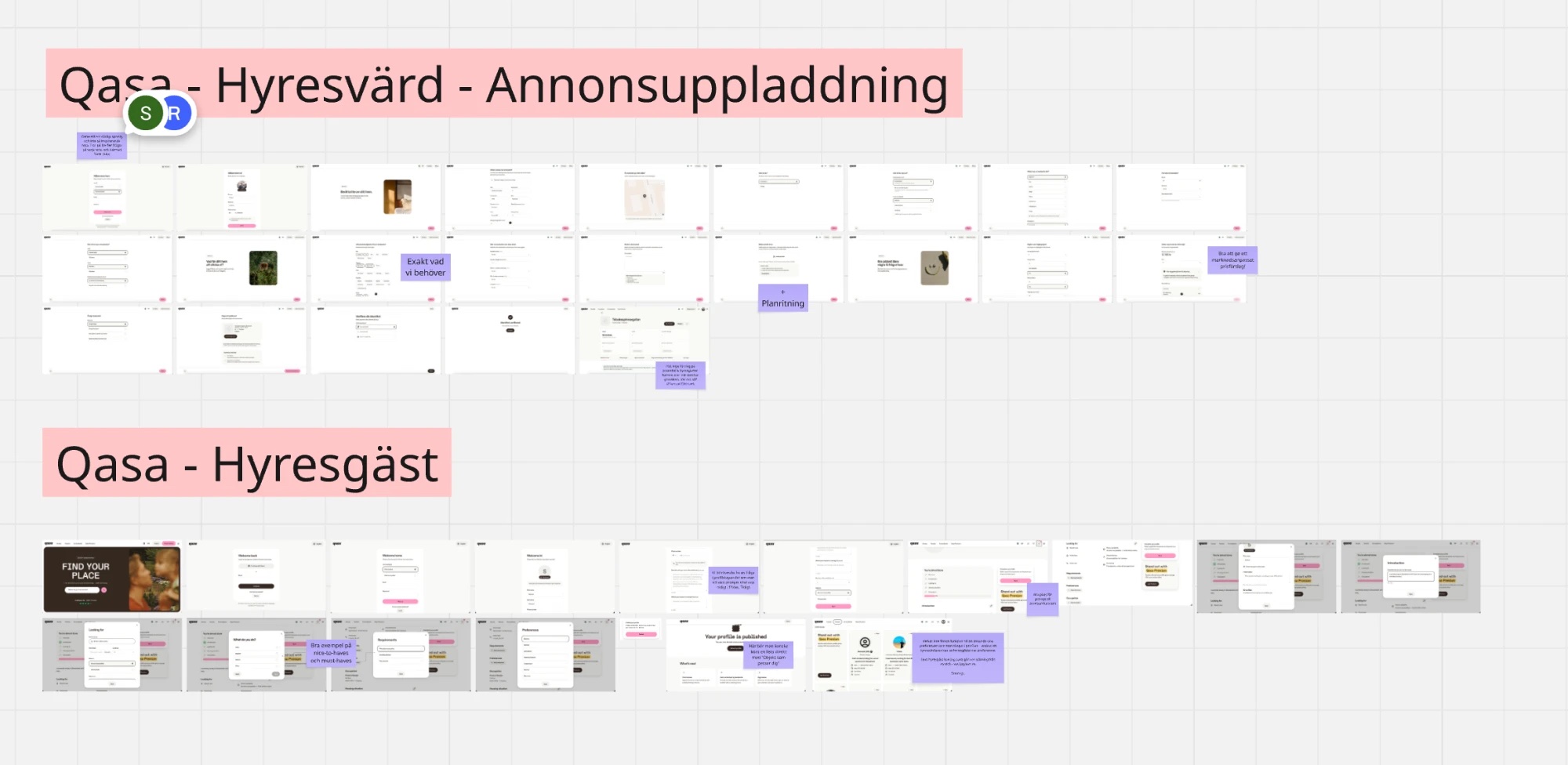 A Miro board with two long rows of annotated wireframe screens — a screen-by-screen teardown of an incumbent rental platform's landlord listing-upload flow and its tenant flow, with sticky-note observations throughout.